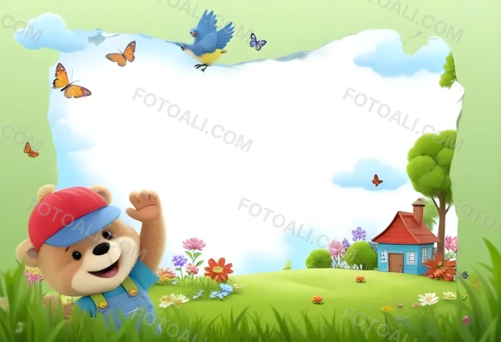 Digital Painting A Cheerful Cartoon Bear Wearing A Red Hat And Blue Overalls Is Waving With One Hand Surrounded By Colorful Flowers And Butterflies A Small Blue Bird Is Flying Above In The Background There Is A Simp 6 D9b0