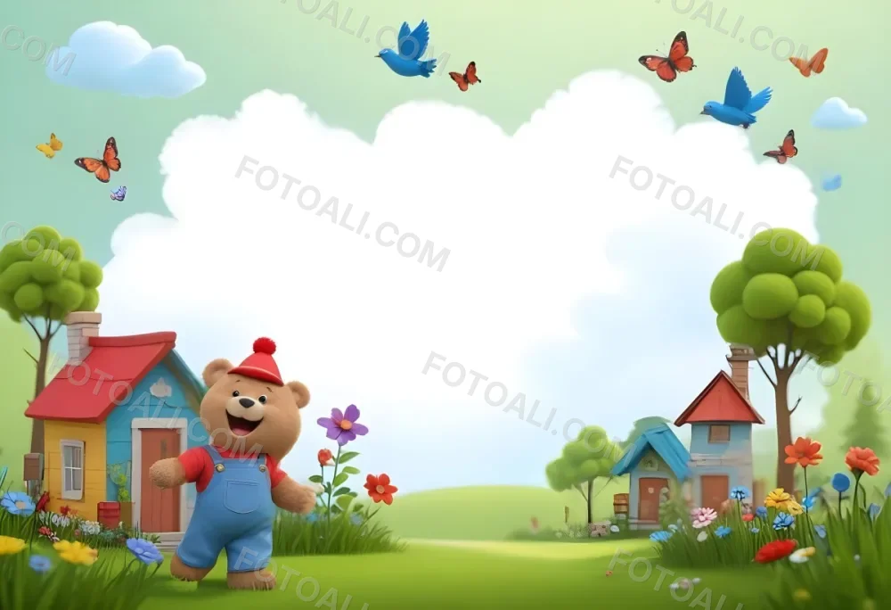 Digital Painting A Cheerful Cartoon Bear Wearing A Red Hat And Blue Overalls Is Waving With One Hand Surrounded By Colorful Flowers And Butterflies A Small Blue Bird Is Flying Above In The Background There Is A Simp 7 B2a3