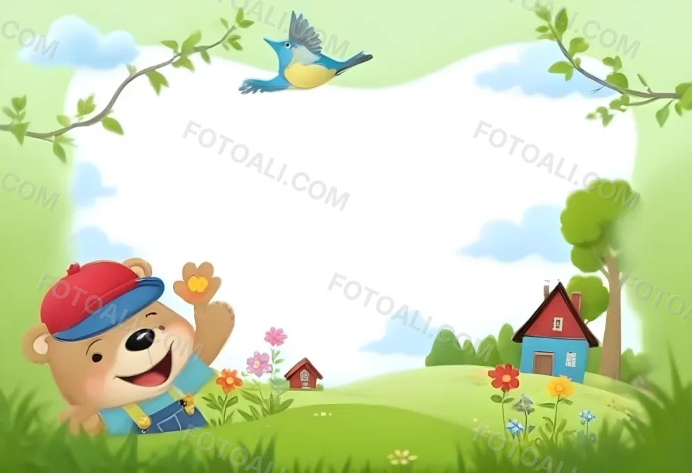 Digital Painting A Cheerful Cartoon Bear Wearing A Red Hat And Blue Overalls Is Waving With One Hand Surrounded By Colorful Flowers And Butterflies A Small Blue Bird Is Flying Above In The Background There Is A Simp 8 Fa3d