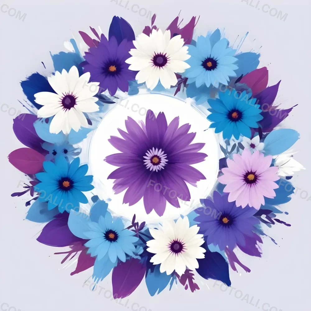 Digital Painting A Circle Of Colorful Flowers With A Purple Circle In The Center The Flowers Are Blue Blue White And Purple The Background Is White Bold And Slim Lines Brush Strokes 21 3724