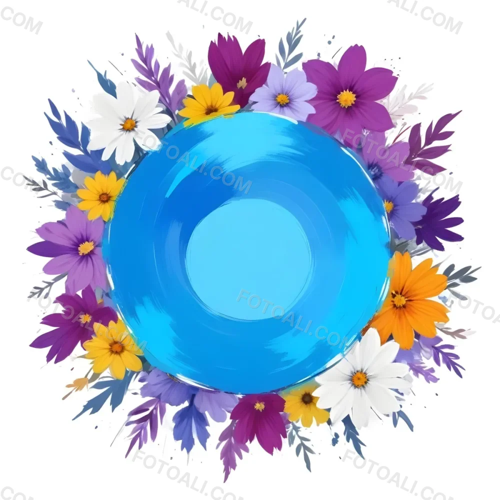 Digital Painting A Circle Of Colorful Flowers With A Purple Circle In The Center The Flowers Are Blue Blue White And Purple The Background Is White Bold And Slim Lines Brush Strokes 29 2312