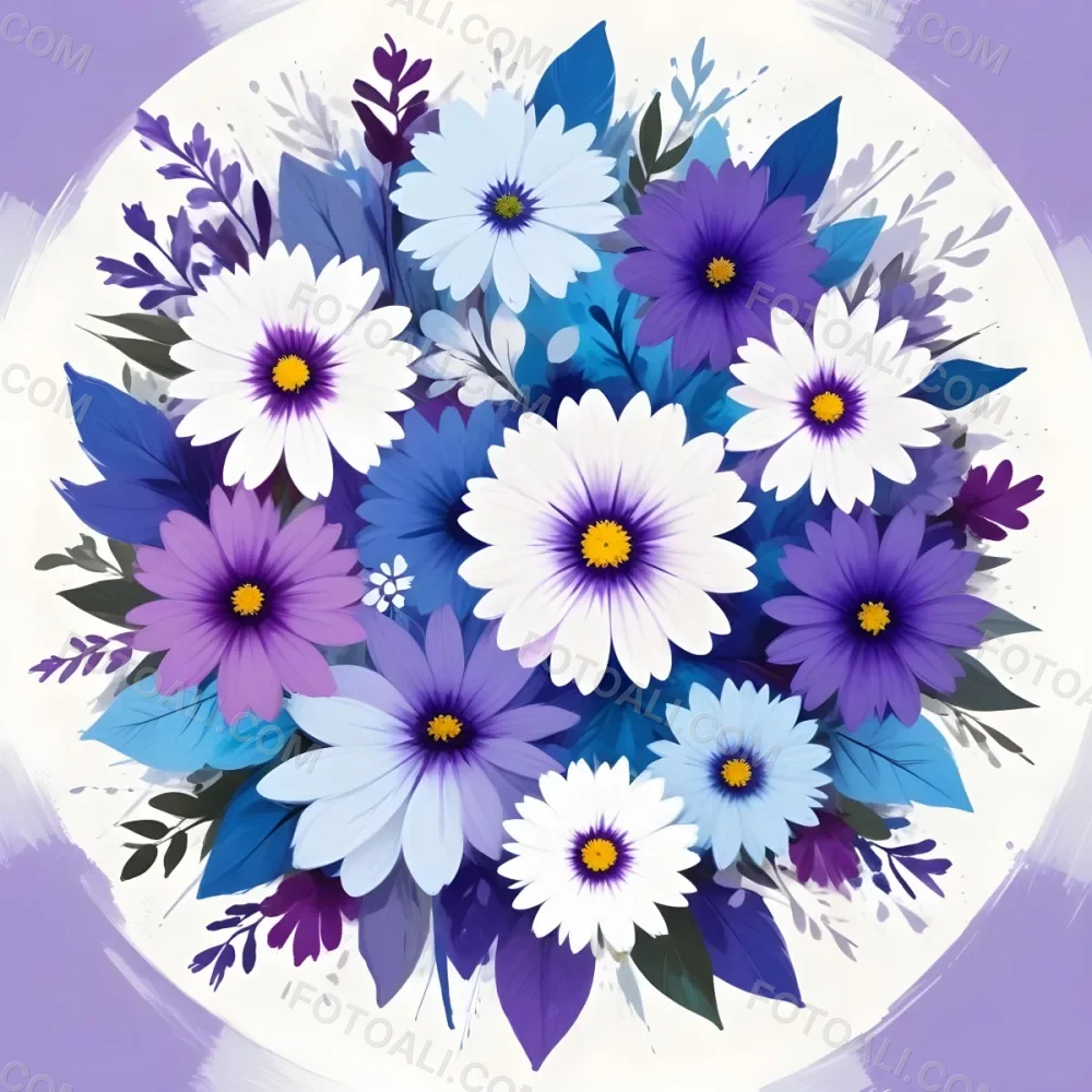 Digital Painting A Circle Of Colorful Flowers With A Purple Circle In The Center The Flowers Are Blue Blue White And Purple The Background Is White Bold And Slim Lines Brush Strokes 39 C0cc