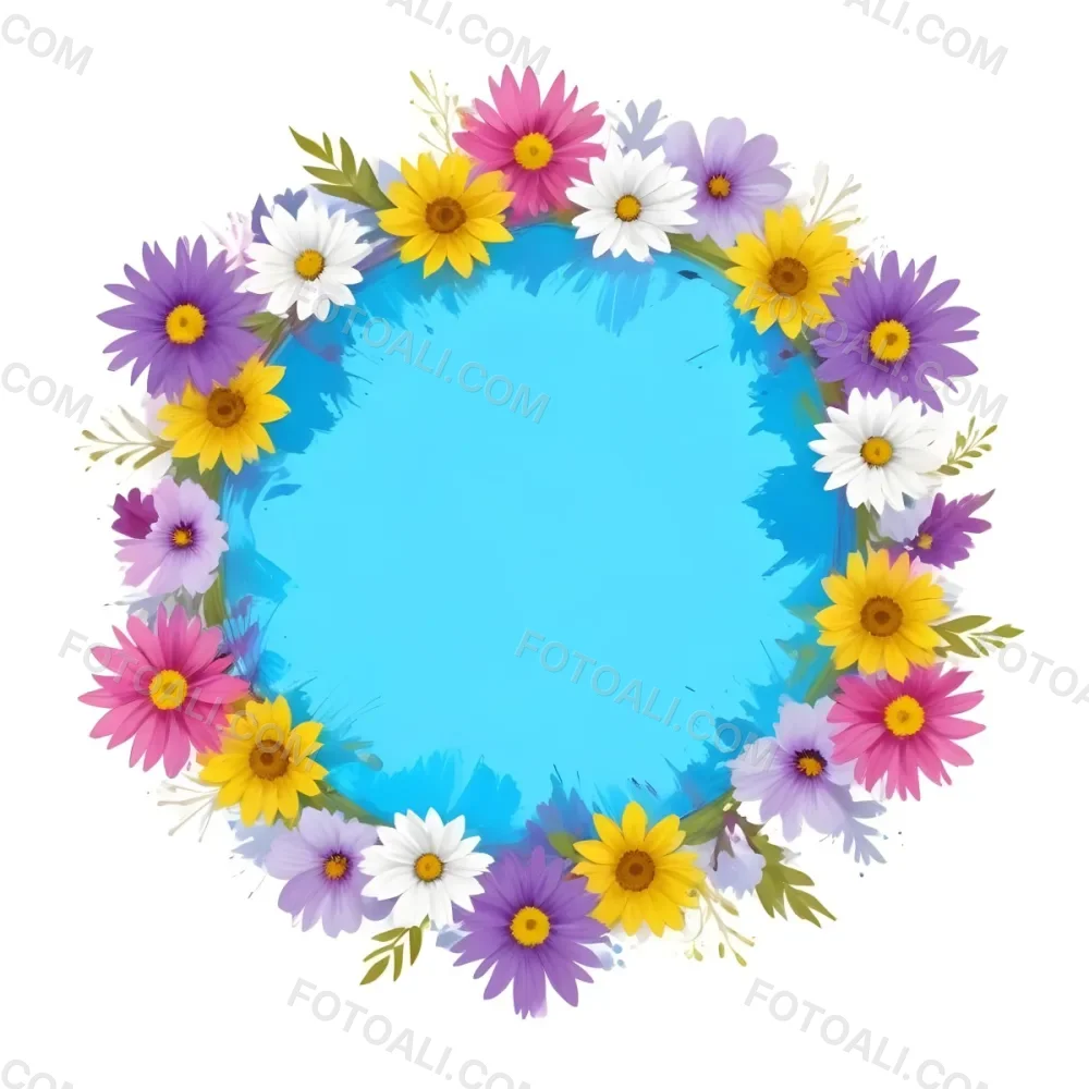 Digital Painting A Circle Of Colorful Flowers With A Purple Circle In The Center The Flowers Are Blue Blue White And Purple The Background Is White Bold And Slim Lines Brush Strokes 42 0369
