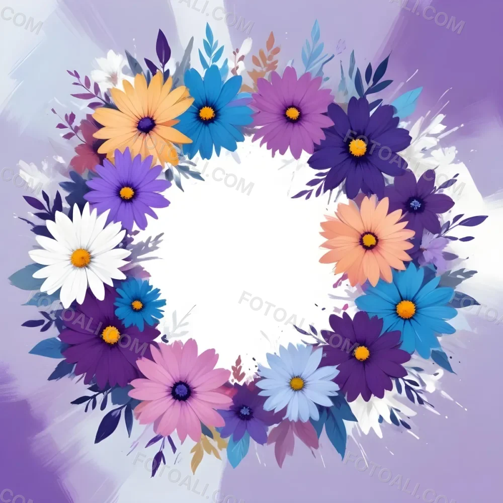 Digital Painting A Circle Of Colorful Flowers With A Purple Circle In The Center The Flowers Are Blue Blue White And Purple The Background Is White Bold And Slim Lines Brush Strokes 43 6386