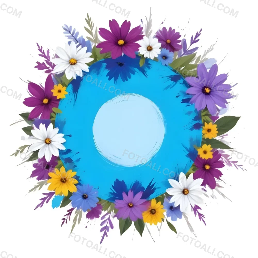 Digital Painting A Circle Of Colorful Flowers With A Purple Circle In The Center The Flowers Are Blue Blue White And Purple The Background Is White Bold And Slim Lines Brush Strokes 44 4247
