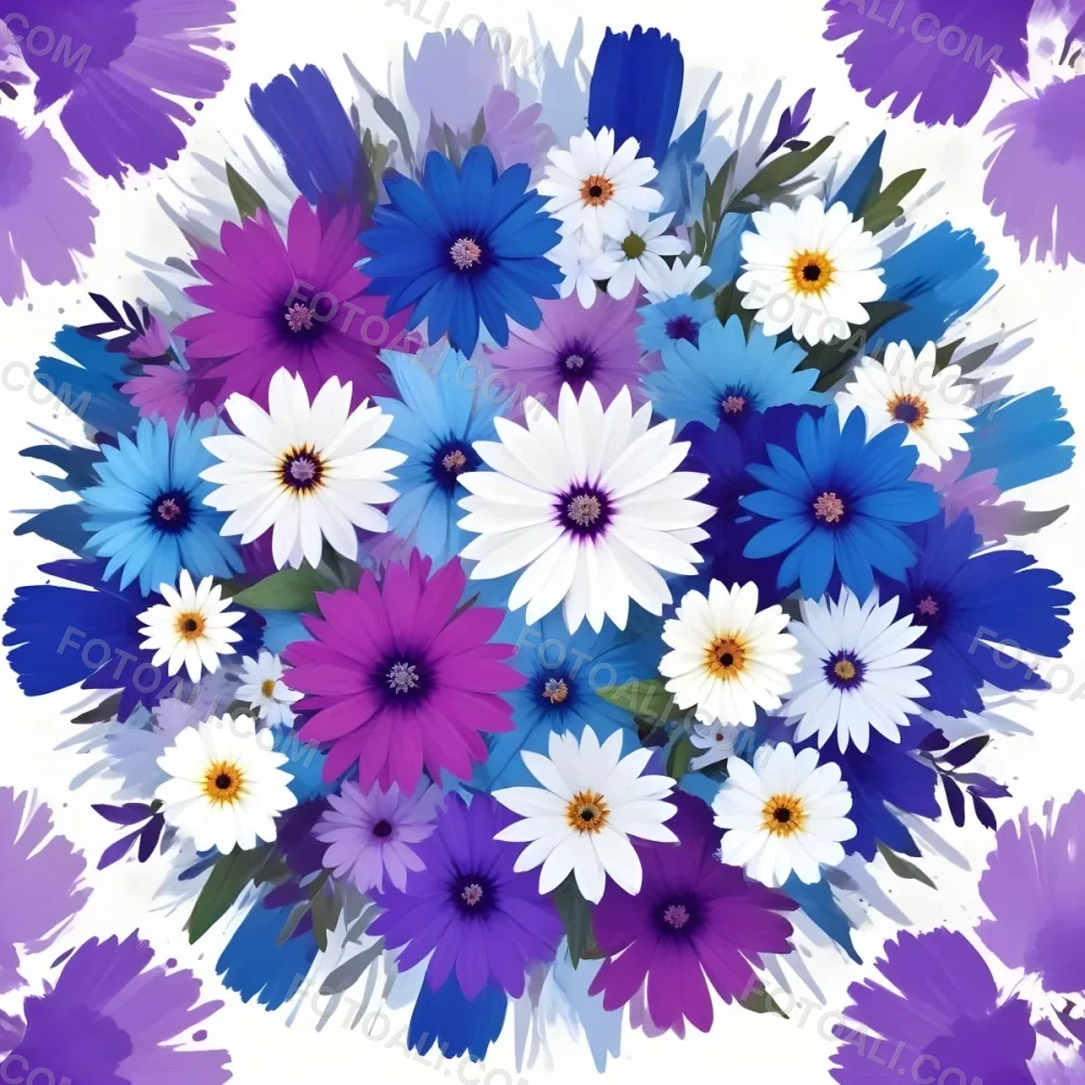 Digital Painting A Circle Of Colorful Flowers With A Purple Circle In The Center The Flowers Are Blue Blue White And Purple The Background Is White Bold And Slim Lines Brush Strokes 45 7ad9