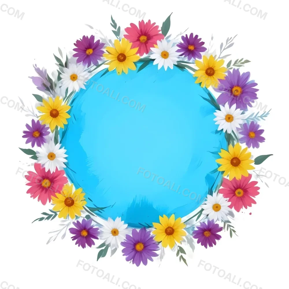 Digital Painting A Circle Of Colorful Flowers With A Purple Circle In The Center The Flowers Are Blue Blue White And Purple The Background Is White Bold And Slim Lines Brush Strokes 5 6c22