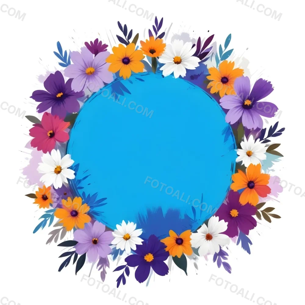 Digital Painting A Circle Of Colorful Flowers With A Purple Circle In The Center The Flowers Are Blue Blue White And Purple The Background Is White Bold And Slim Lines Brush Strokes 7 64da