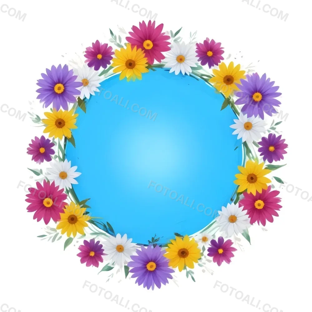 Digital Painting A Circle Of Colorful Flowers With A Purple Circle In The Center The Flowers Are Blue Blue White And Purple The Background Is White Bold And Slim Lines Brush Strokes 8 4b23