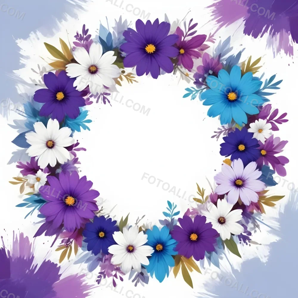 Digital Painting A Circle Of Colorful Flowers With A Purple Circle In The Center The Flowers Are Blue Blue White And Purple The Background Is White Bold And Slim Lines Brush Strokes 9 9a40
