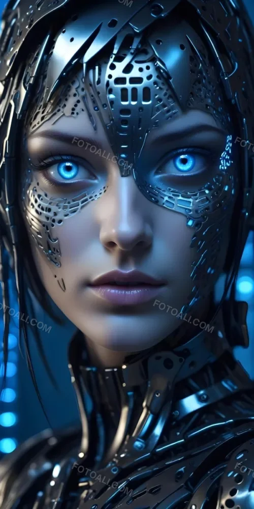 Digital Painting A Close Up Of A Metallic Futuristic Face With Glowing Blue Eyes And Perforated Skin Conveying A Sense Of Technology And Cyberpunk Aesthetics Bold And Slim Lines Brush Strokes 10 07e3