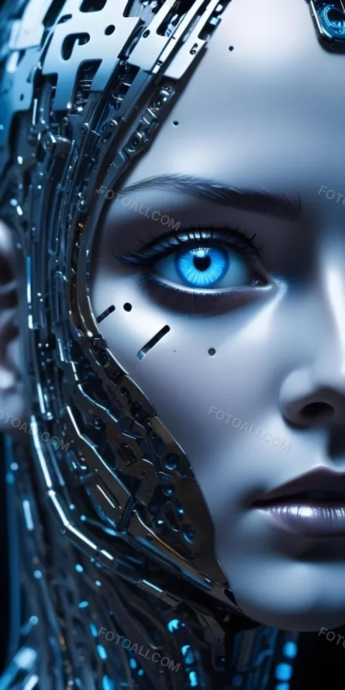 Digital Painting A Close Up Of A Metallic Futuristic Face With Glowing Blue Eyes And Perforated Skin Conveying A Sense Of Technology And Cyberpunk Aesthetics Bold And Slim Lines Brush Strokes 11 D9c3