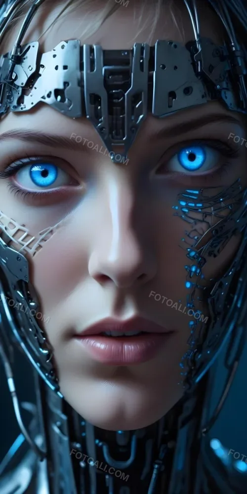 Digital Painting A Close Up Of A Metallic Futuristic Face With Glowing Blue Eyes And Perforated Skin Conveying A Sense Of Technology And Cyberpunk Aesthetics Bold And Slim Lines Brush Strokes 12 F68a