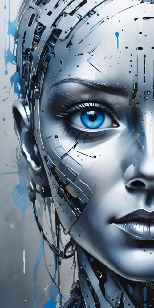 Digital Painting A Close Up Of A Metallic Futuristic Face With Glowing Blue Eyes And Perforated Skin Conveying A Sense Of Technology And Cyberpunk Aesthetics Bold And Slim Lines Brush Strokes 15 B767