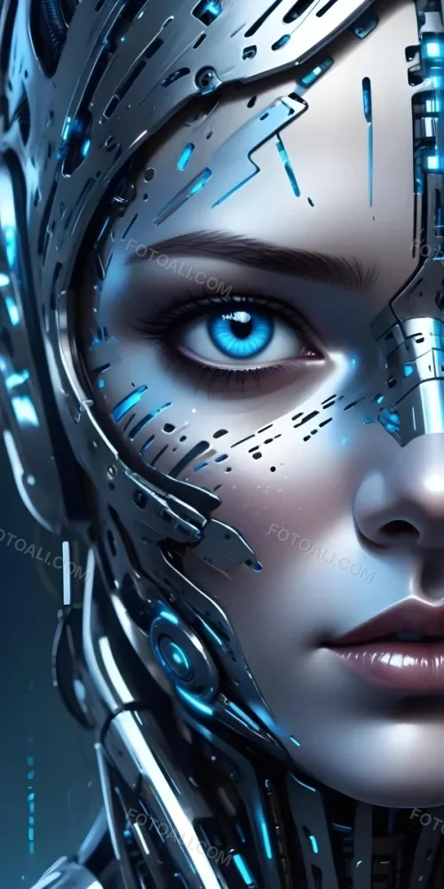 Digital Painting A Close Up Of A Metallic Futuristic Face With Glowing Blue Eyes And Perforated Skin Conveying A Sense Of Technology And Cyberpunk Aesthetics Bold And Slim Lines Brush Strokes 2 3266