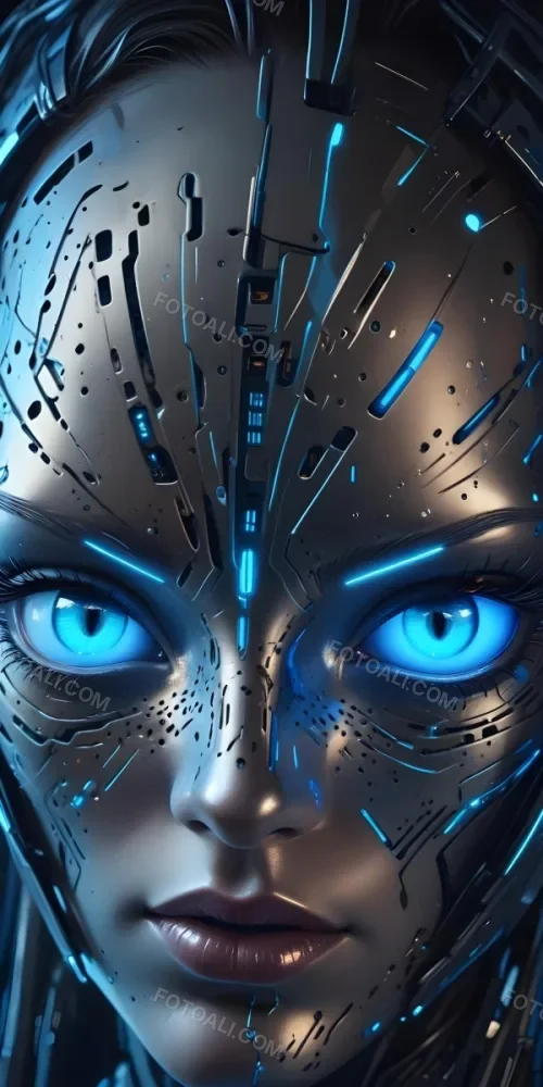 Digital Painting A Close Up Of A Metallic Futuristic Face With Glowing Blue Eyes And Perforated Skin Conveying A Sense Of Technology And Cyberpunk Aesthetics Bold And Slim Lines Brush Strokes 3 A82c
