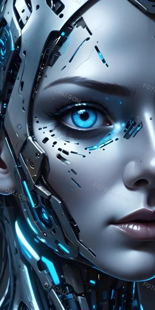 Digital Painting A Close Up Of A Metallic Futuristic Face With Glowing Blue Eyes And Perforated Skin Conveying A Sense Of Technology And Cyberpunk Aesthetics Bold And Slim Lines Brush Strokes 4 309c