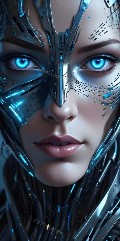 Digital Painting A Close Up Of A Metallic Futuristic Face With Glowing Blue Eyes And Perforated Skin Conveying A Sense Of Technology And Cyberpunk Aesthetics Bold And Slim Lines Brush Strokes 6 2c14