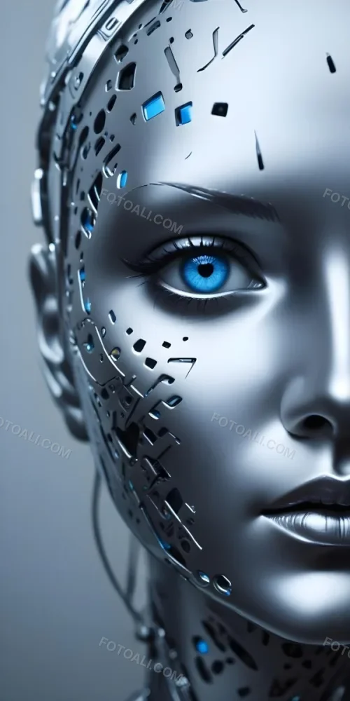 Digital Painting A Close Up Of A Metallic Futuristic Face With Glowing Blue Eyes And Perforated Skin Conveying A Sense Of Technology And Cyberpunk Aesthetics Bold And Slim Lines Brush Strokes 9 Ea62