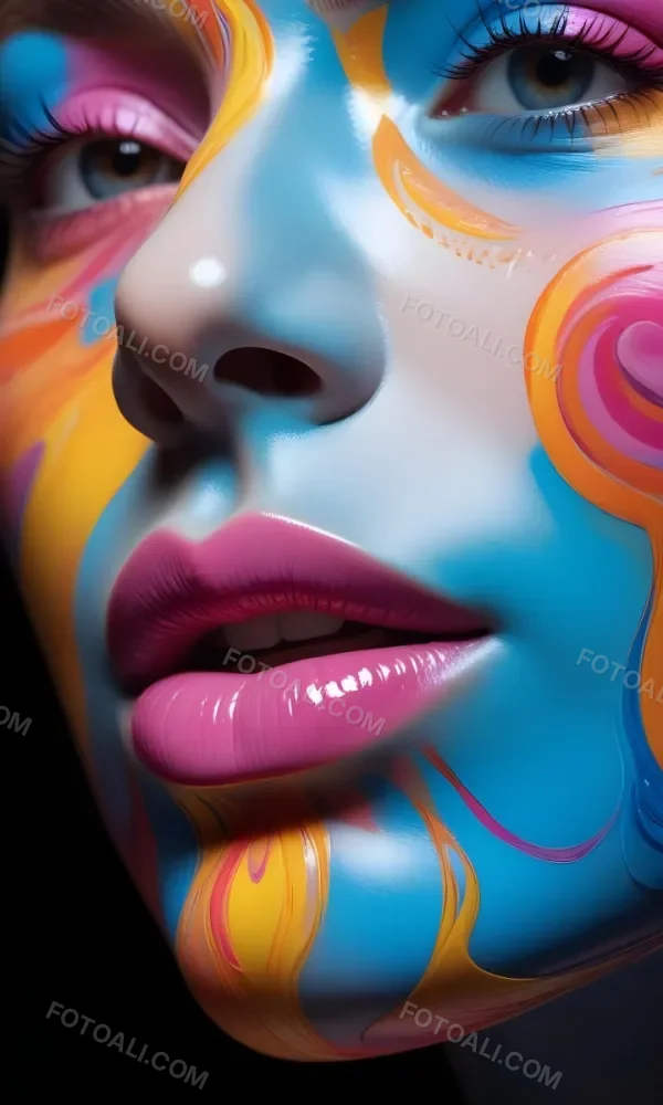 Digital Painting A Close Up Of A Stylized Face With Glossy Skin Covered In Vibrant Swirling Colors Of Blue Pink Orange And Yellow The Lips Are Full And Shiny Reflecting The Colorful Patterns Around Them The Bac 11 Cd37