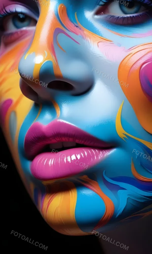 Digital Painting A Close Up Of A Stylized Face With Glossy Skin Covered In Vibrant Swirling Colors Of Blue Pink Orange And Yellow The Lips Are Full And Shiny Reflecting The Colorful Patterns Around Them The Bac 12 315f