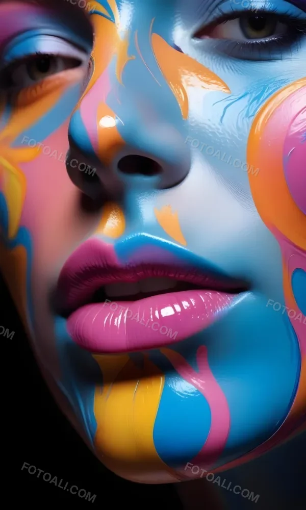 Digital Painting A Close Up Of A Stylized Face With Glossy Skin Covered In Vibrant Swirling Colors Of Blue Pink Orange And Yellow The Lips Are Full And Shiny Reflecting The Colorful Patterns Around Them The Bac 13 557c