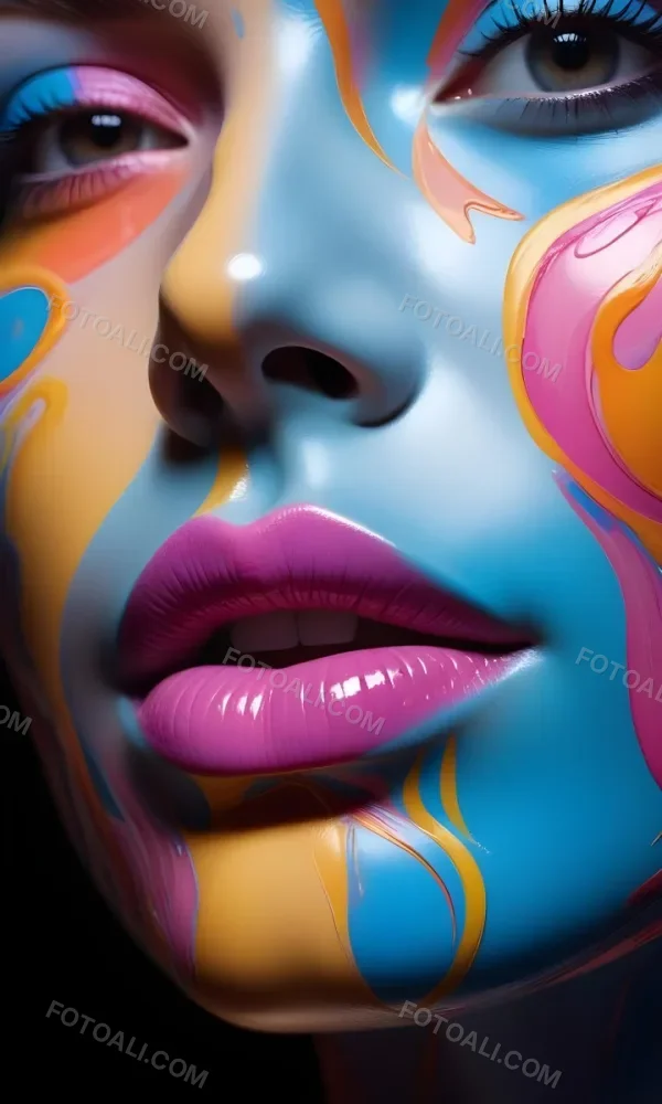 Digital Painting A Close Up Of A Stylized Face With Glossy Skin Covered In Vibrant Swirling Colors Of Blue Pink Orange And Yellow The Lips Are Full And Shiny Reflecting The Colorful Patterns Around Them The Bac 14 38f6