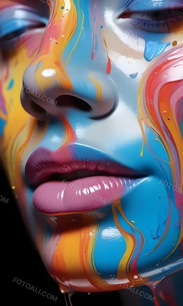 Digital Painting A Close Up Of A Stylized Face With Glossy Skin Covered In Vibrant Swirling Colors Of Blue Pink Orange And Yellow The Lips Are Full And Shiny Reflecting The Colorful Patterns Around Them The Bac 17 378d