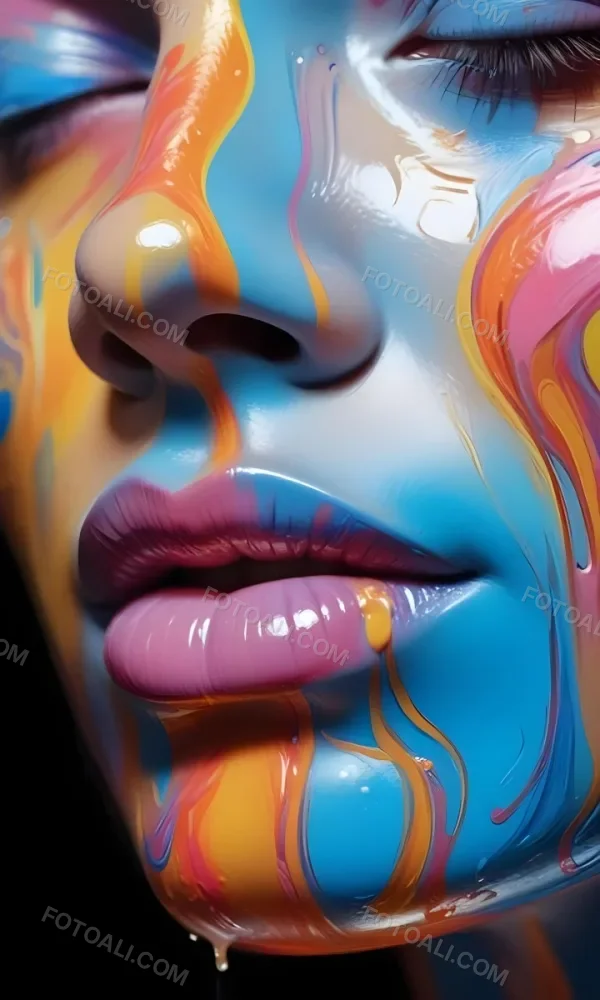 Digital Painting A Close Up Of A Stylized Face With Glossy Skin Covered In Vibrant Swirling Colors Of Blue Pink Orange And Yellow The Lips Are Full And Shiny Reflecting The Colorful Patterns Around Them The Bac 19 74e9