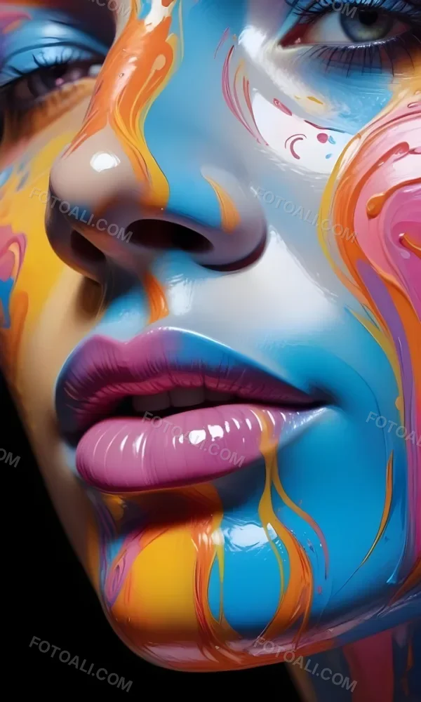 Digital Painting A Close Up Of A Stylized Face With Glossy Skin Covered In Vibrant Swirling Colors Of Blue Pink Orange And Yellow The Lips Are Full And Shiny Reflecting The Colorful Patterns Around Them The Bac 21 733b