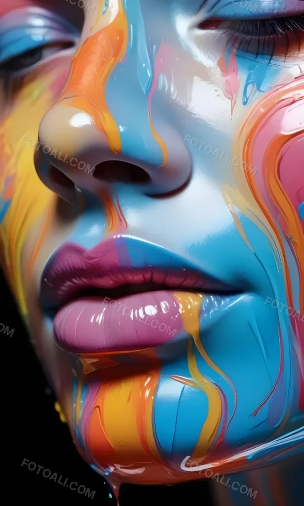 Digital Painting A Close Up Of A Stylized Face With Glossy Skin Covered In Vibrant Swirling Colors Of Blue Pink Orange And Yellow The Lips Are Full And Shiny Reflecting The Colorful Patterns Around Them The Bac 23 D0aa