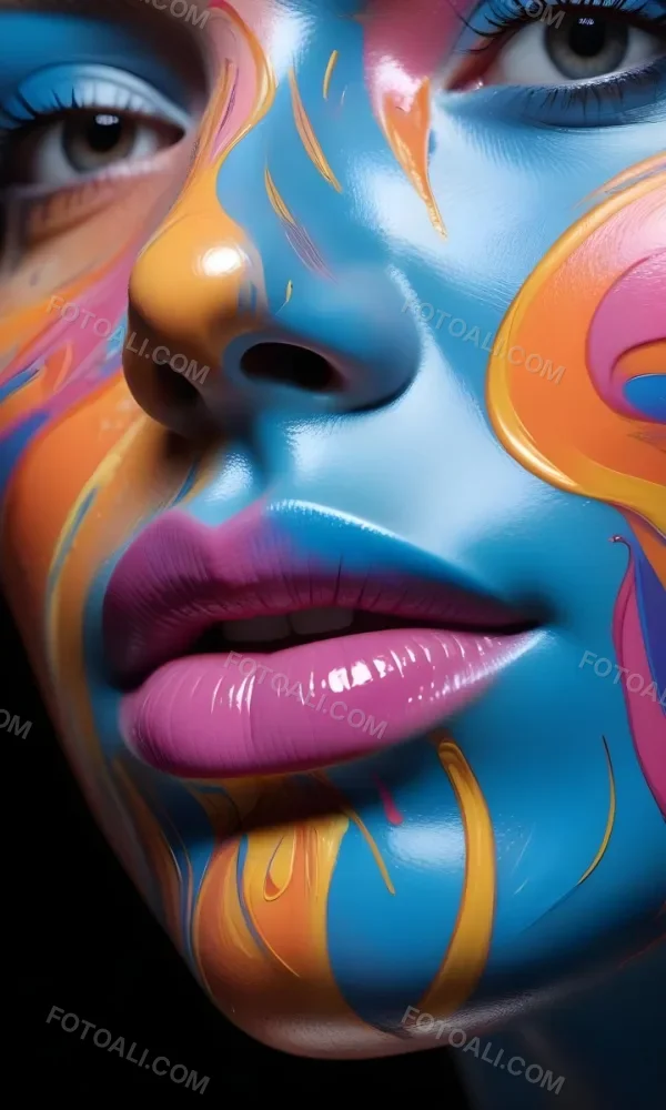 Digital Painting A Close Up Of A Stylized Face With Glossy Skin Covered In Vibrant Swirling Colors Of Blue Pink Orange And Yellow The Lips Are Full And Shiny Reflecting The Colorful Patterns Around Them The Bac 3 140d