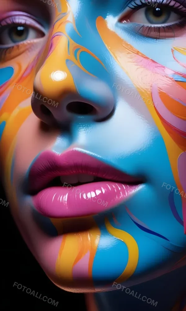 Digital Painting A Close Up Of A Stylized Face With Glossy Skin Covered In Vibrant Swirling Colors Of Blue Pink Orange And Yellow The Lips Are Full And Shiny Reflecting The Colorful Patterns Around Them The Bac 6 C31a