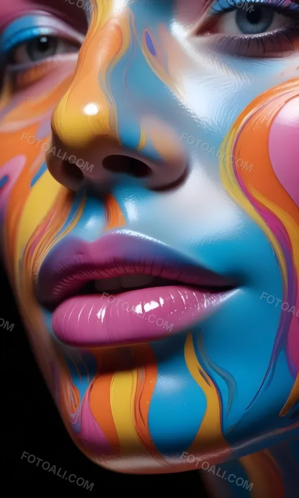 Digital Painting A Close Up Of A Stylized Face With Glossy Skin Covered In Vibrant Swirling Colors Of Blue Pink Orange And Yellow The Lips Are Full And Shiny Reflecting The Colorful Patterns Around Them The Bac 9 58fa