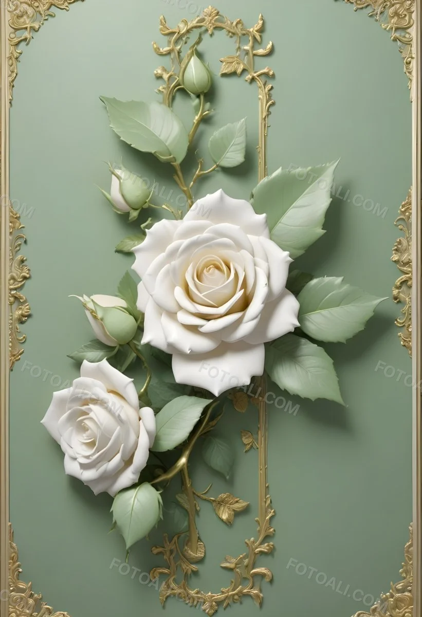 Digital Painting A Close Up Of Two Large White Roses With Gold Leaves And Stems Against A Light Green Background With Ornate Gold Framing Bold And Slim Lines Brush Strokes 19 A995