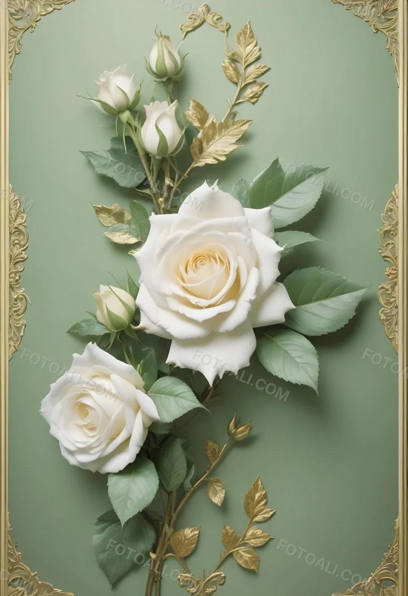 Digital Painting A Close Up Of Two Large White Roses With Gold Leaves And Stems Against A Light Green Background With Ornate Gold Framing Bold And Slim Lines Brush Strokes 27 8948