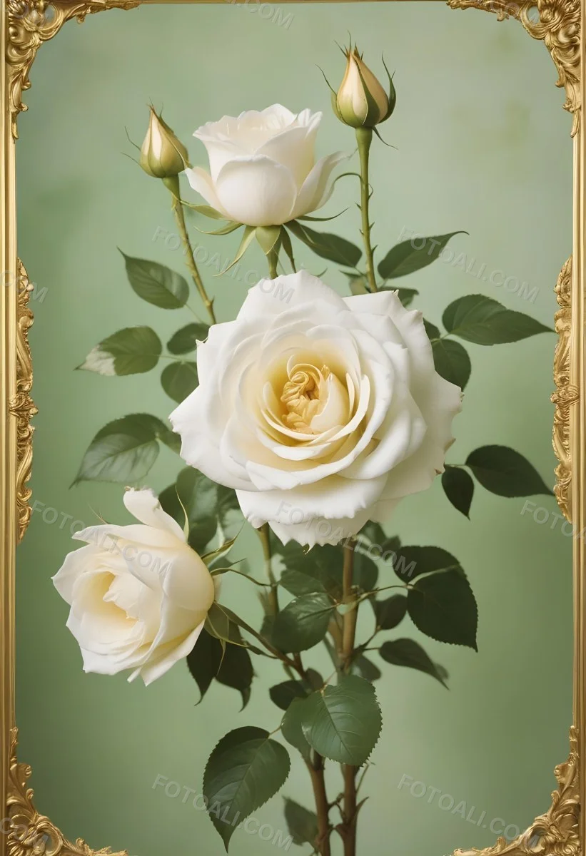 Digital Painting A Close Up Of Two Large White Roses With Gold Leaves And Stems Against A Light Green Background With Ornate Gold Framing Bold And Slim Lines Brush Strokes 28 Ef3f