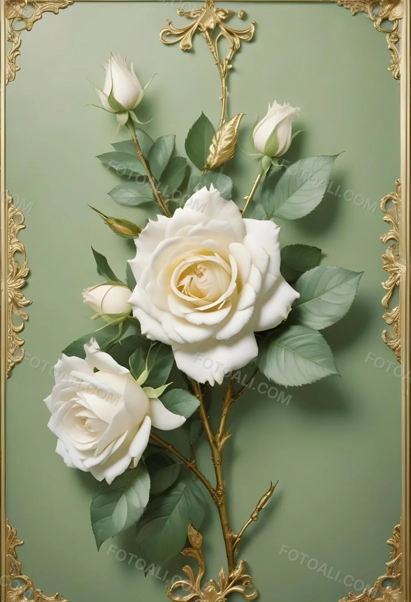 Digital Painting A Close Up Of Two Large White Roses With Gold Leaves And Stems Against A Light Green Background With Ornate Gold Framing Bold And Slim Lines Brush Strokes 29 Ef6c