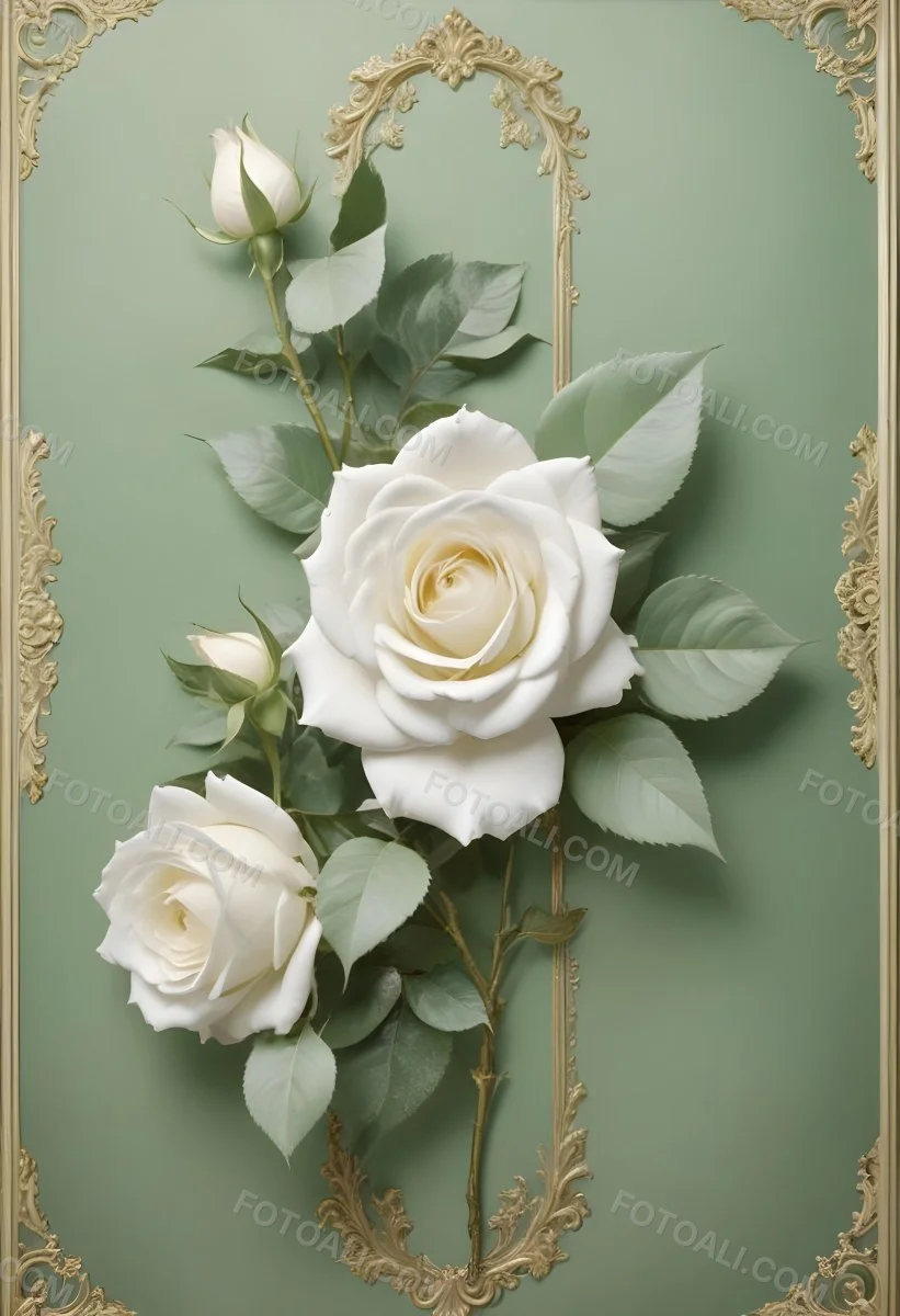 Digital Painting A Close Up Of Two Large White Roses With Gold Leaves And Stems Against A Light Green Background With Ornate Gold Framing Bold And Slim Lines Brush Strokes 30 A12b