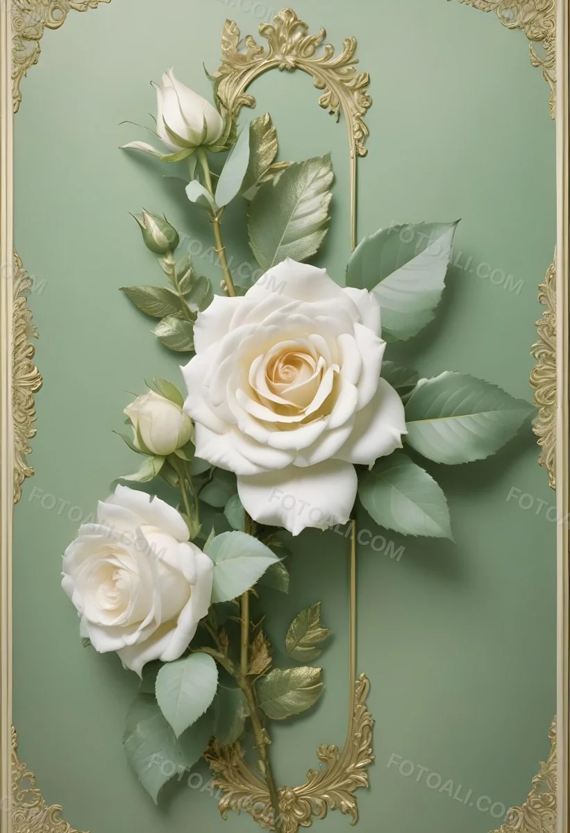 Digital Painting A Close Up Of Two Large White Roses With Gold Leaves And Stems Against A Light Green Background With Ornate Gold Framing Bold And Slim Lines Brush Strokes 37 E746