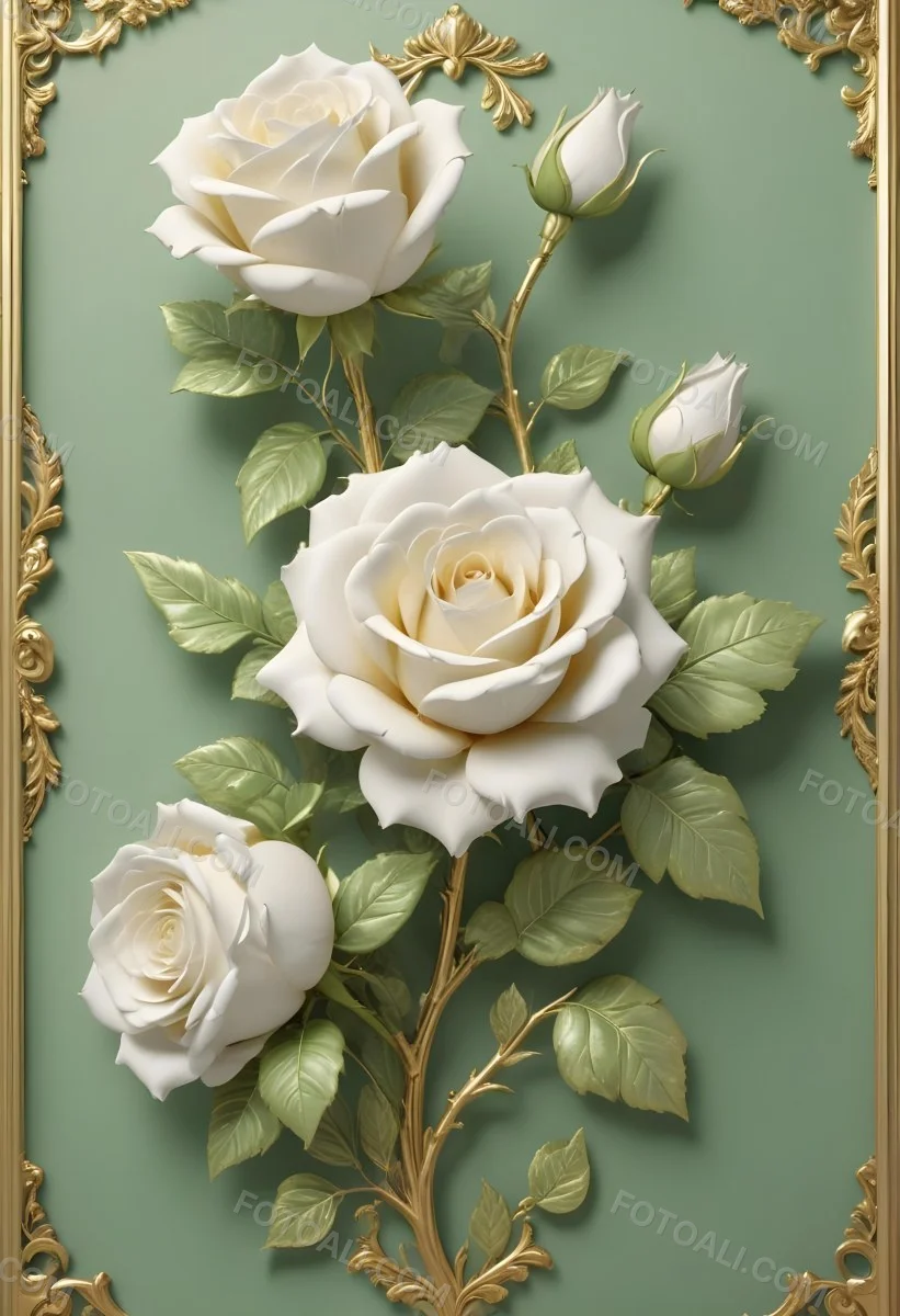 Digital Painting A Close Up Of Two Large White Roses With Gold Leaves And Stems Against A Light Green Background With Ornate Gold Framing Bold And Slim Lines Brush Strokes 4 91f8