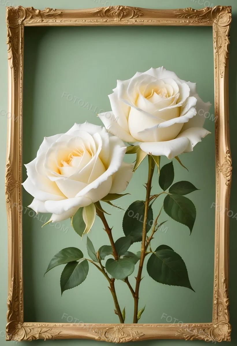 Digital Painting A Close Up Of Two Large White Roses With Gold Leaves And Stems Against A Light Green Background With Ornate Gold Framing Bold And Slim Lines Brush Strokes 49 76d4