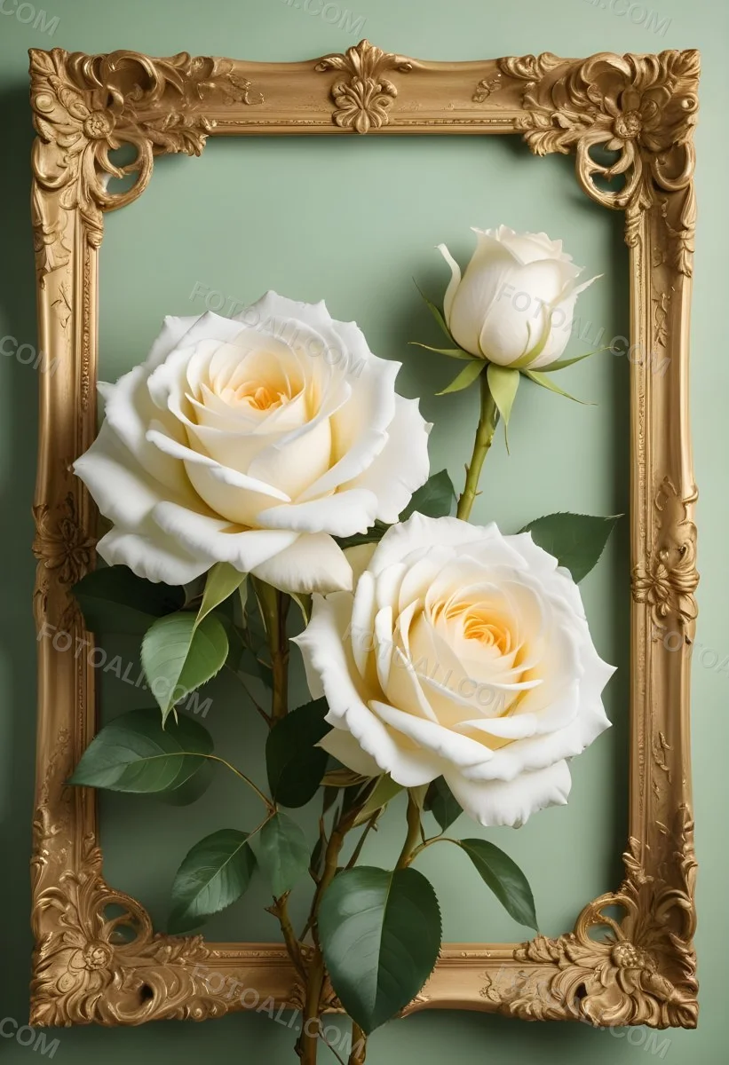 Digital Painting A Close Up Of Two Large White Roses With Gold Leaves And Stems Against A Light Green Background With Ornate Gold Framing Bold And Slim Lines Brush Strokes 51 Ea28