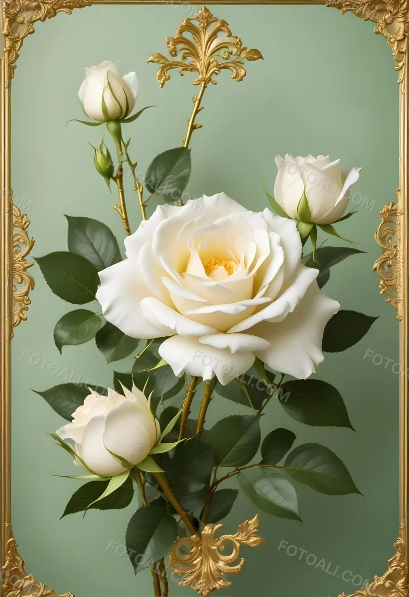 Digital Painting A Close Up Of Two Large White Roses With Gold Leaves And Stems Against A Light Green Background With Ornate Gold Framing Bold And Slim Lines Brush Strokes 55 10a9