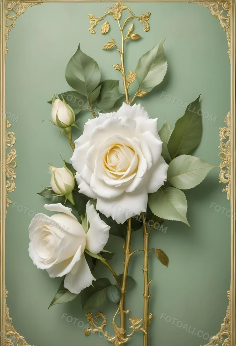 Digital Painting A Close Up Of Two Large White Roses With Gold Leaves And Stems Against A Light Green Background With Ornate Gold Framing Bold And Slim Lines Brush Strokes 56 2e3e