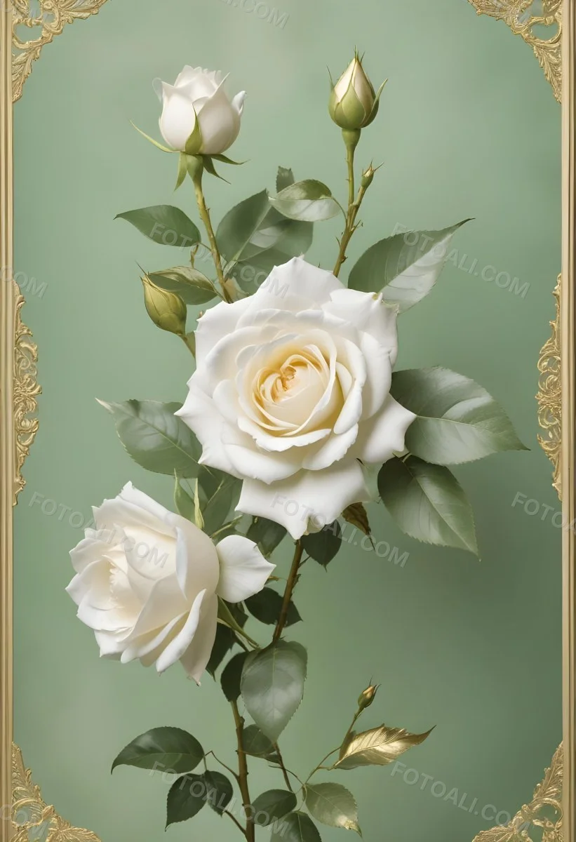Digital Painting A Close Up Of Two Large White Roses With Gold Leaves And Stems Against A Light Green Background With Ornate Gold Framing Bold And Slim Lines Brush Strokes 61 A0fd