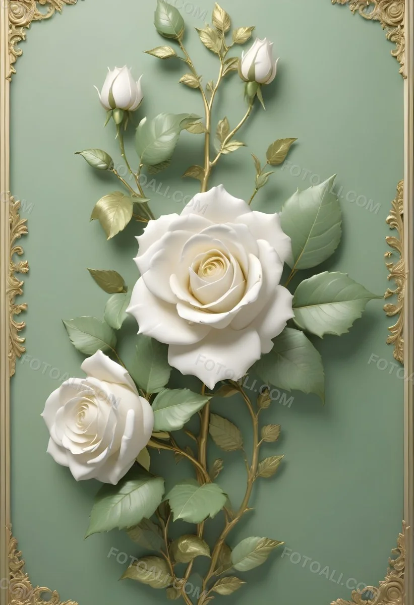 Digital Painting A Close Up Of Two Large White Roses With Gold Leaves And Stems Against A Light Green Background With Ornate Gold Framing Bold And Slim Lines Brush Strokes 7 83f3