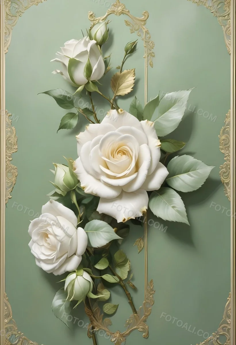 Digital Painting A Close Up Of Two Large White Roses With Gold Leaves And Stems Against A Light Green Background With Ornate Gold Framing Bold And Slim Lines Brush Strokes 70 8d71