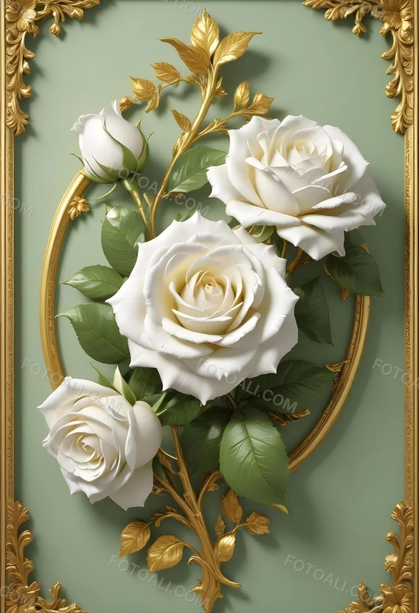 Digital Painting A Close Up Of Two Large White Roses With Gold Leaves And Stems Against A Light Green Background With Ornate Gold Framing Bold And Slim Lines Brush Strokes 9 9ce1