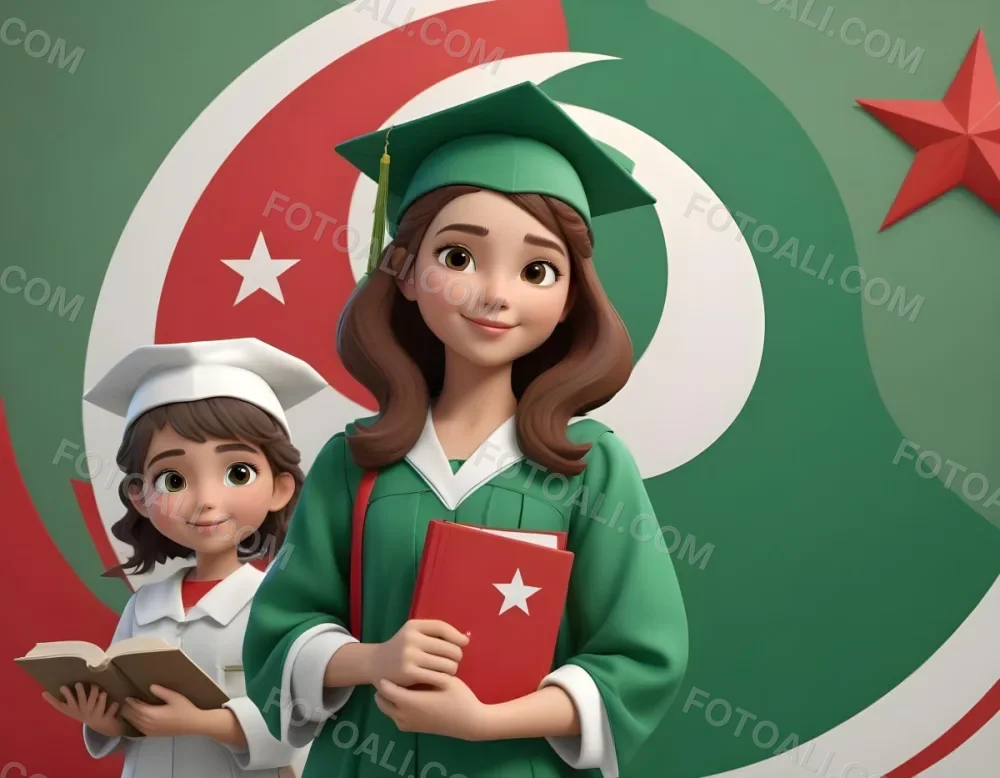Digital Painting A Colorful Background Featuring The Algerian Flag With Green White And Red Colors Including A Red Star And Crescent On The Left A Girl Holding Books And Wearing A Graduation Cap Symbolizing Educatio 1 Cb06